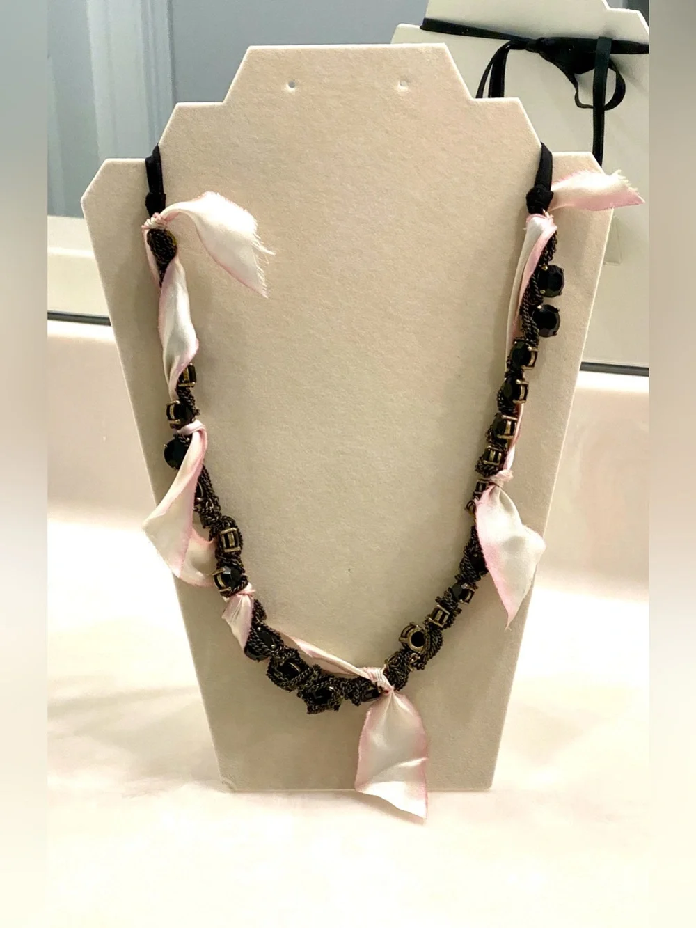 J. Crew Black Bead Necklace with Pink Ribbon Accents